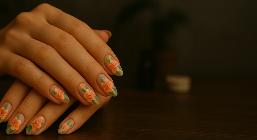 Virágmintás matricás műkörmök natúr színekkel